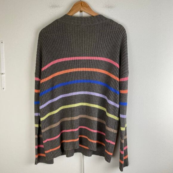 Lisa Todd Neon Stripe V Sweater Size M Gray Pink Cotton Linen Relaxed Maximalist - Picture 7 of 11